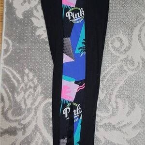 PINK Victoria's Secret Medium Black Leggings with Blue, Pink and Teal Graphic